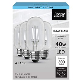 Feit Electric 40-Watt Equivalent T14 Dimmable Straight Filament Clear Glass E26 Vintage Edison LED Light Bulb, Daylight 5000K - 4-Pack