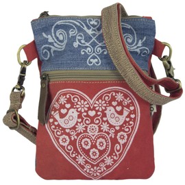 Domelo Trachtentasche. kleine Nachhaltige Umhängetasche aus Recycelte Jeans. Crossbody Bag mit Herz Trachten Motiv. Rote Damen Tasche für Oktoberfest