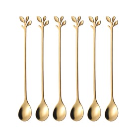 Long Handle Iced Tea Spoons Set of 6, Comicfs 7.6" Ice Cream Spoon, Creative Gold Leaf Cocktail Stirring Spoons, Premium Food Grade Stainless Steel, Mirror Finish & Dishwasher Safe (6 Pcs, Gold)