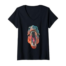 Womens Tyrannosaurus Rex Skull Motif Dinosaur prehistoric Predator V-Neck T-Shirt