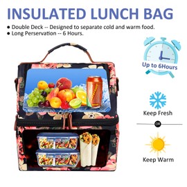 LOKASS Lunch Bag Women Double Deck Insulated Lunch Box Large Cooler Tote Bag with Removable Shoulder Strap Wide Open Thermal Meal Prep Lunch Organizer Box for Adults Work/Outdoor, Black Peony