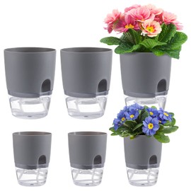 6 pcs Self Watering Plant Pots, 4.1/3.2 in Plastic Planter with Drainage Holes, Flower Pots for Indoor Plants, African Violet, Succulents, Herbs, Grey