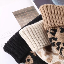 Women Thick Knitted Beanie Hat Soft Leopard Print Faux Fur Pom Warm Skull Hat for Leisure Outdoor, black