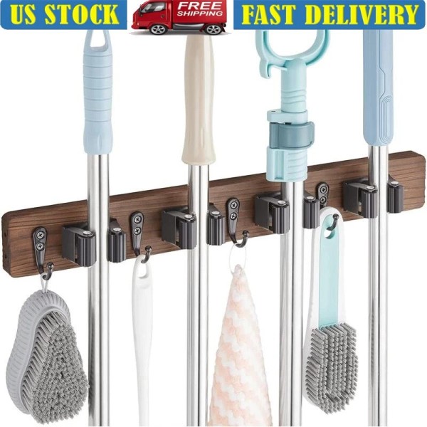 Unbranded Wall Mounted Mop Broom Holder Organizer 4 Slots Hooks