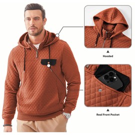 JMIERR Men's Sweaters Quilted Hoodies Casual Fall Shirts Long Sleeve Drawstring Quarter-Zip Pullover Sweatshirt with Pockets, XL, Orange