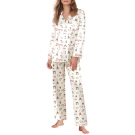 Ekouaer Silk Satin Pajamas for Women Teddy Bear Pjs Set Button Down Long Sleeve Loungewear Cute Sleepwear Paris Teddy M