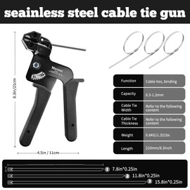 Metal Zip Ties with Stainless Steel Cable Tie Gun, Special Tool For Fastening and Cutting Steel Zip Ties, 150 Pcs Black 11.8in Uv Resistant chain link fence Parts For Fence Exhaust Pipe Outdoor