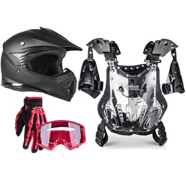 Typhoon Kids Pee Wee Offroad Helmet Gloves Goggles Chest Protector GEAR COMBO Motocross ATV Dirt Bike Red Matte Black XL