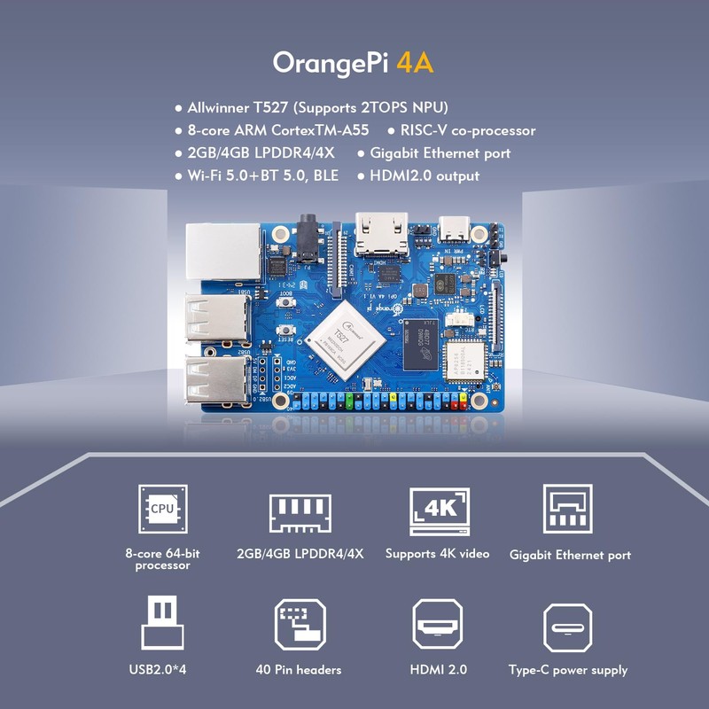 Orange Pi 4A 2GB Allwinner T527 with RISC-V Coprocessor Single