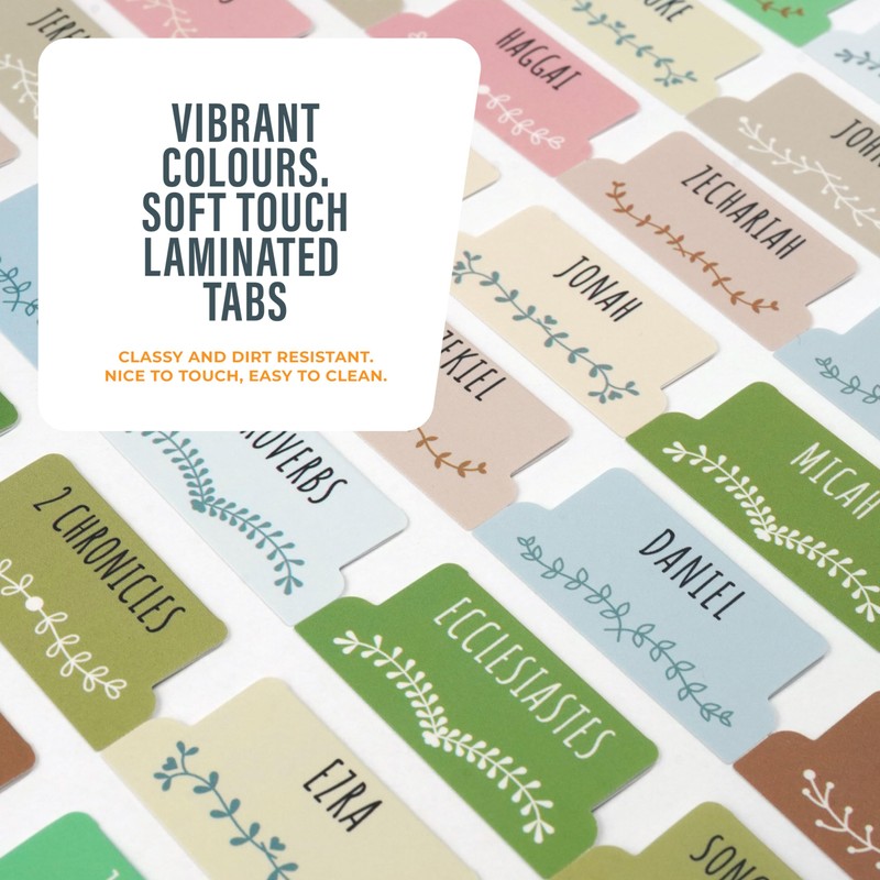 Green, Blue & Pink Bible Book Tabs, 100 Soft-Touch, Laminated