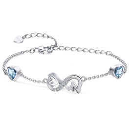 Infinity Heart March Birthstone Bracelet 925 Sterling Silver Adjustable ECG Heartbeat 2 Aquamarine Birthstones Bracelets with Blue Cubic Zirconia Chain Bracelet, Birthday Jewelry Gift for Women Girls