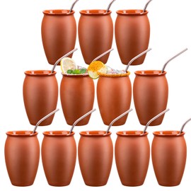 SUN GKOTTA 12Pcs 15oz/444ml Cantaritos De Barro Bulk With 12 Straws,Jarritos De Barro Mexicanos Pottery Cocktail Glasses,Natural Mexican Clay Mugs Taco Tuesday Cups For Tequila,Margaritas