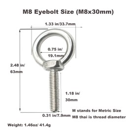 Floyutin Stainless M8 Eyebolt 1.2"(30mm) Long Male Ring Threaded Screw Lifting Shoulder Eye Bolts with Nuts Washers, 6 PCS