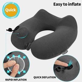 Glyzia 2 Pack Inflatable Travel Neck Pillows for Airplanes, Head Support Velvet Adult Neck Pillows for Long Flight, Kit with Eye Mask, Earplugs and Storage Bag, 2, Dark Gray
