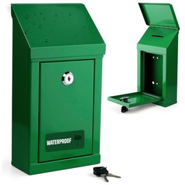 Metal Donation Box-Suggestion Box with Slot and lock-Cash Lock box for Money-Waterproof Drop Box-Comment and ballot voting box-comes with pre-drilled holes for easy wall mounting 10 X 6 X 2.5"(Green)