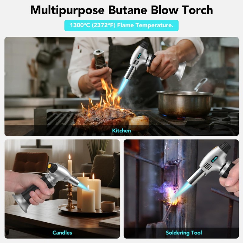 KinetiFire Butane Torch Lighter, Refillable Kithcne Torch with Safety Lock,