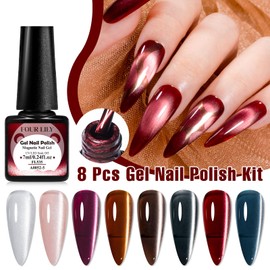 Four Lily Cat Eye Gel Nail Polish Set, 8 Colors Fall Winter Retro Magnetic Gel Polish with Magnet Stick Crystal Pink Brown Blue Gray Green Cat Eye Effect Soak Off Nail Art Salon Manicure Home Gift