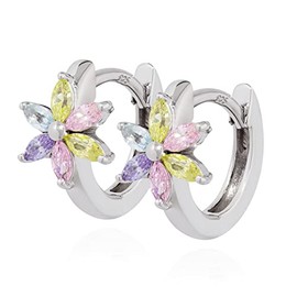 NKlaus Pair of Flower Hoop Earrings Cubic Zirconia Colourful 925 Silver 12 mm Hoop Earrings 13585, Sterling Silver