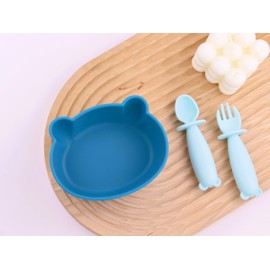 teensy peepsy Bear Silicone Baby Bowl Suction Baby Spoon Baby Fork for Babies 6 months+ Suction Bowls for Baby Utensils 6-12M+ BLW Baby Essentials Newborn Essentials Must Haves (Aquamarine)