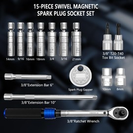 ZKTOOL 15PCS Universal 3/8" Drive 360° Swivel Magnetic Spark Plug Socket Removal Tool Set，Spark Plug Wrench，With 3/8" Torque Wrench 5-60NM，Universal Joint & Extension Bar，For Removing Car Spark Plugs