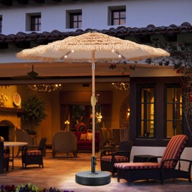 GDY 7.5ft Tiki Patio Umbrella with 18 LED Lights, and Umbrella Base, for Garden, Beach, Deck, Backyard & Pool