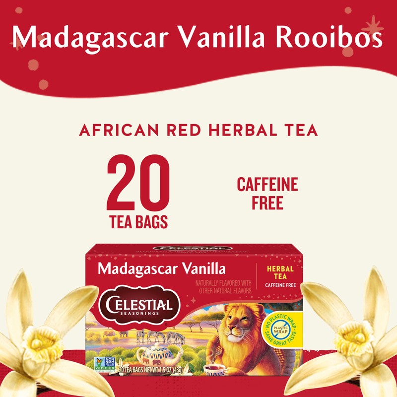 Celestial Seasonings Rooibos Madagascar Vanilla Herbal Tea, Caffeine Free, 20