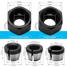 VooGenzek 3 Pieces Router Collet Chuck, 6mm 6.35mm 8mm Steel Router Collet with 2 Screw Nut, for Woodworking Trimming Engraving Machine