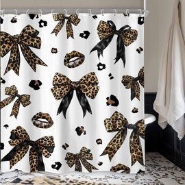Newsely Leopard Print Bow Shower Curtain 60Wx72L Inch Woman Girls Bownot Retro Brown Cheetah Fashion Shower Curtain Bathroom Set Vintage Modern Waterproof Bath Decoration Accessories Home Decor