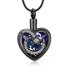 QGJNSGC Cremation Jewellery for Ashes Crystal Heart Shape Urn Necklace Keepsake Stainless Steel Moon Star Pendant Memorial Gift for Women Girls, Stainless Steel