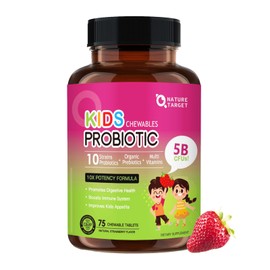 NATURE TARGET NATURE TARGET Kids Probiotic Chewable, 5 Billion CFUs Probiotics + Prebiotics for Ages 3+, Probiotics for Digestive Health, Immune Support & Appetite Booster, Natural Strawberry Flavor, 75 Servings