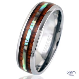 King's Cross Exquisite & Elegant 6mm/8mm Silver Tungsten Carbide Wedding Band w/Beautiful Koa Wood & Abalone Inlays (Tungsten (6mm), 7)