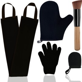 5 Piece Self Tanning Mitt Set with Tan Glove, Back Lotion Applicator, Face Mitt, Exfoliating Glove (Black)