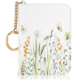 Tiexcnia RFID Credit Card Holder, Small Card Holder Wallet with Keychain Zipper, Leather Card Case Wallet for Women, Butterfly Flowers