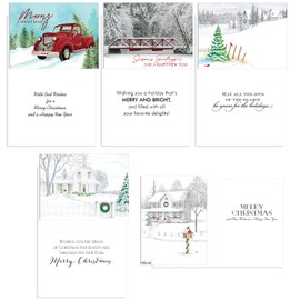 Rustic Country Christmas Note Cards / 25 5 5/8" x 7 7/8" Nostalgic Hometown Holiday Greeting Card Pack With White Envelopes / 5 Illustrated Holiday Designs / Made In Canada
