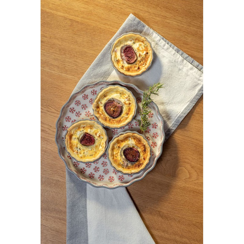 Tranquillo Stoneware Quiche Dish with Hand Stamped Print Grey/Red Retro