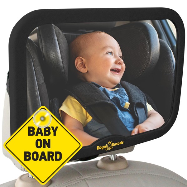 Royal Rascals Lockable Baby Car Mirror, Safest Shatterproof Back Seat Mirror, Crystal Clear Rear View Baby Car Mirror for Back Seat, Comes w/a Baby on Board Sign for Car, Baby Car Accessories (Black)