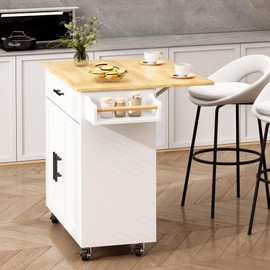 SogesGame Rolling Kitchen Island Cart with Drop-Leaf, 35.4" Width Mobile Carts with Storage Cabinet, Rolling Kitchen Table with Spice Rack, Towel Rack, and Drawer, Portable Islands on Wheels, White