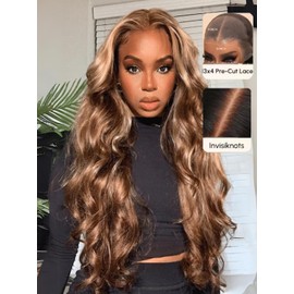 UNICE Pre Everything 13X4 Pre Cut Lace Front Glueless Wig Brown Blonde Highlight Body Wave Wig Pre Bleached Invisible Bye Bye Knots Wig Human Hair Pre Plucked 150% Density 18inch