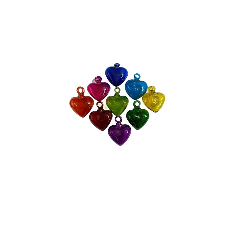 Mexican Glass Heart Ornaments, Hand Blown, Multicolor, 9 Piece Set