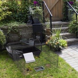 PawHut Small Animal Cage with Foldable Run Area, Rolling Bunny Cage, Guinea Pig Cage, Hedgehog Cage with Water Bottle, Water Bowl, and Ramps, 46.5" L