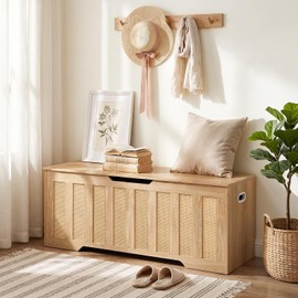 CHOEZON 47.2" Storage Bench, Rattan-Style Storage Chest, Storage Cabinet with Handles, Toy Storage Box, for Living Room and Bedroom, Natural MCW24NL