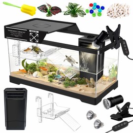 GOZILLA Aquatic Turtle Tank Kit+Lamp+Filter, Upgrade PC Turtle Tank Starter Kit with Adjustable Lamp & Filter,Reptile Habitat with Lid,Hanging Platform for Small Reptiles.(19.68×9.52×9.44''/Black Kit)