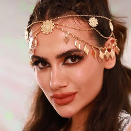 Tgirls Boho Gold Sequins Head Chain Layered India Tassel Hair Chains Coin Pendant Forehead Headpiece for Women (Gold-A)
