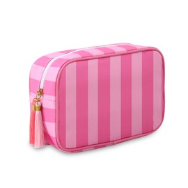 EMBRUNIOICE Stripe Makeup Bag Travel Cosmetic Bag Organizer Tassel Toiletry Bag Large Canvas Zipper Pouch and Accessories Storage Bag for Women (Pink with Hot Pink)