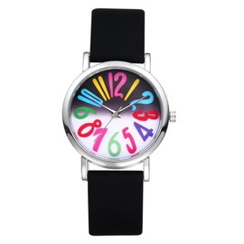 JewelryWe Women's Big Face Watch - Colorful Big Arabic Numbers Dial Easy to Read Quartz Watches Adjustable Silicone Wristwatch, Black Strap