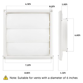 Funmit 6" Louvered Vent Cover 8" x 8" Oversize Outside Dimensions for Exterior Wall Vent Hood Outlet Airflow Vent Dryer Air Vent (White)