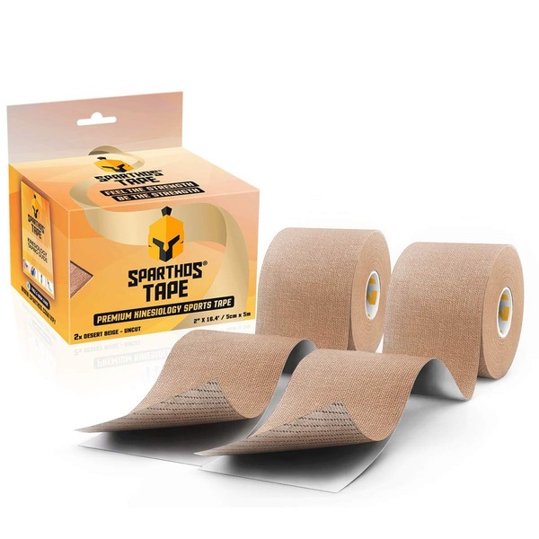 Sparthos Tape Kinesiology Tape (Pack of 2) - Incredible Support for Pro Athletic Sports and Recovery - Free Kinesio Taping Guide! - Waterproof Tex Rock Gold Lift Tapes - Uncut (2X Beige)