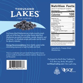 Thousand Lakes Freeze Dried Fruit - Blueberries 3.5 ounces | No Sugar Added | 100% Whole Blueberries
