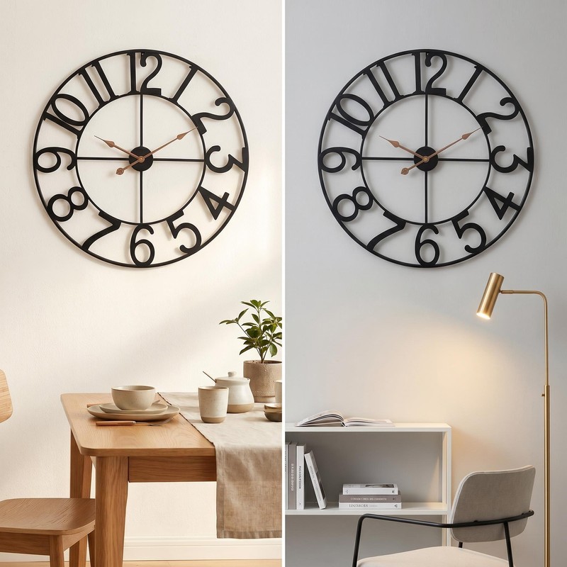 AMAATE Black Gold Cutout Numeral Metal Wall Clock Modern Industrial