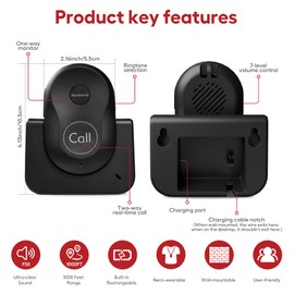 Hosmart Intercoms Wireless for Home, 2024 New Rechargeable Full Duplex Caregiver Pager for Elderly Senior, Two-Way Real-time Talk, Portable Personal Alert, Call/Monitor Button for Home Safety(Black)